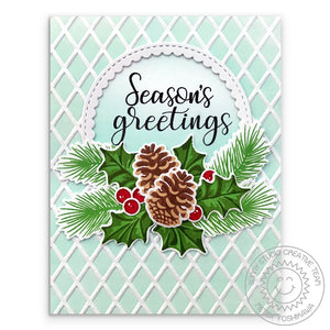 Sunny Studio Stamps Christmas Trimmings Season's Greeting Aqua Embossed Holly & Pinecones card