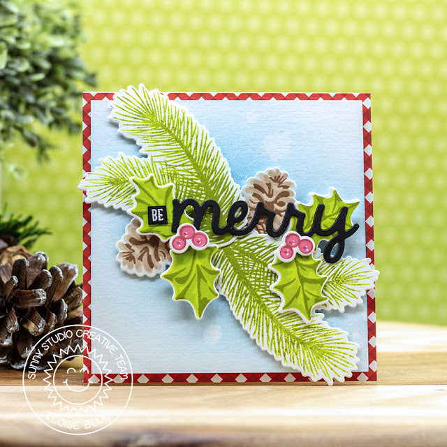 Sunny Studio Stamps Christmas Trimmings Holly & Pinecones Merry Holiday Card