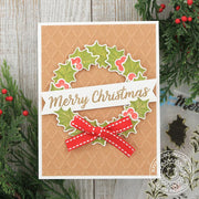Sunny Studio Stamps Kraft Diamond Embossed Holly Wreath Holiday Card (using Christmas Trimmings Stamps)