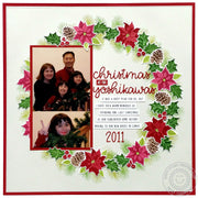Sunny Studio Poinsettias, Holly, Berries & Pinecone Wreath Christmas Holiday Scrapbook 12x12 Page Layout (using Petite Poinsettia Clear Stamps)