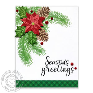 Sunny Studio Stamps Christmas Trimmings Season's Greetings Holly & Pine Cones Holiday Card
