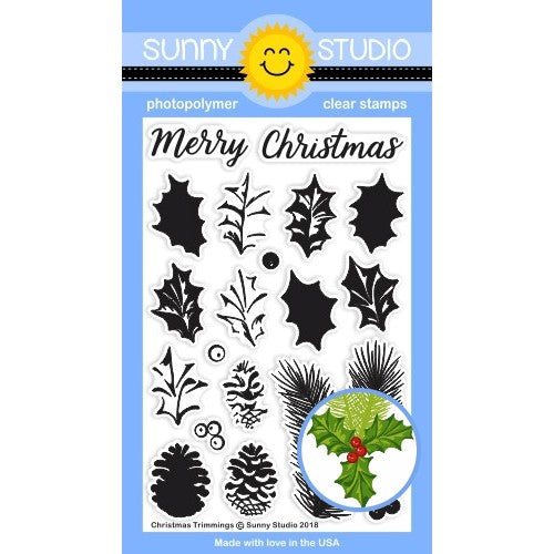 Sunny Studio Stamps Christmas Trimmings Holly, Pinecone, Berries & Tree Branch 4x6 Clear Photopolymer Stamp Set