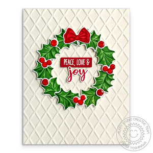 Sunny Studio Stamps Christmas Trimmings Holly Wreath Peace, Love & Joy Embossed Holiday Card