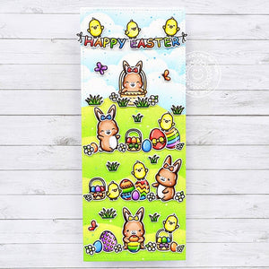 Sunny Studio Bunny Rabbits with Chicks Slimline Rainbow Easter Card by Marine Simon (using Chubby Bunny Clear Stamps)