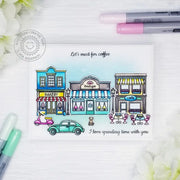 Sunny Studio Stamps Let's Meet For Coffee, I Love Spending Time With You Store Buildings Scene Handmade Card (using City Streets 4x6 Clear Photopolymer Stamp Set)