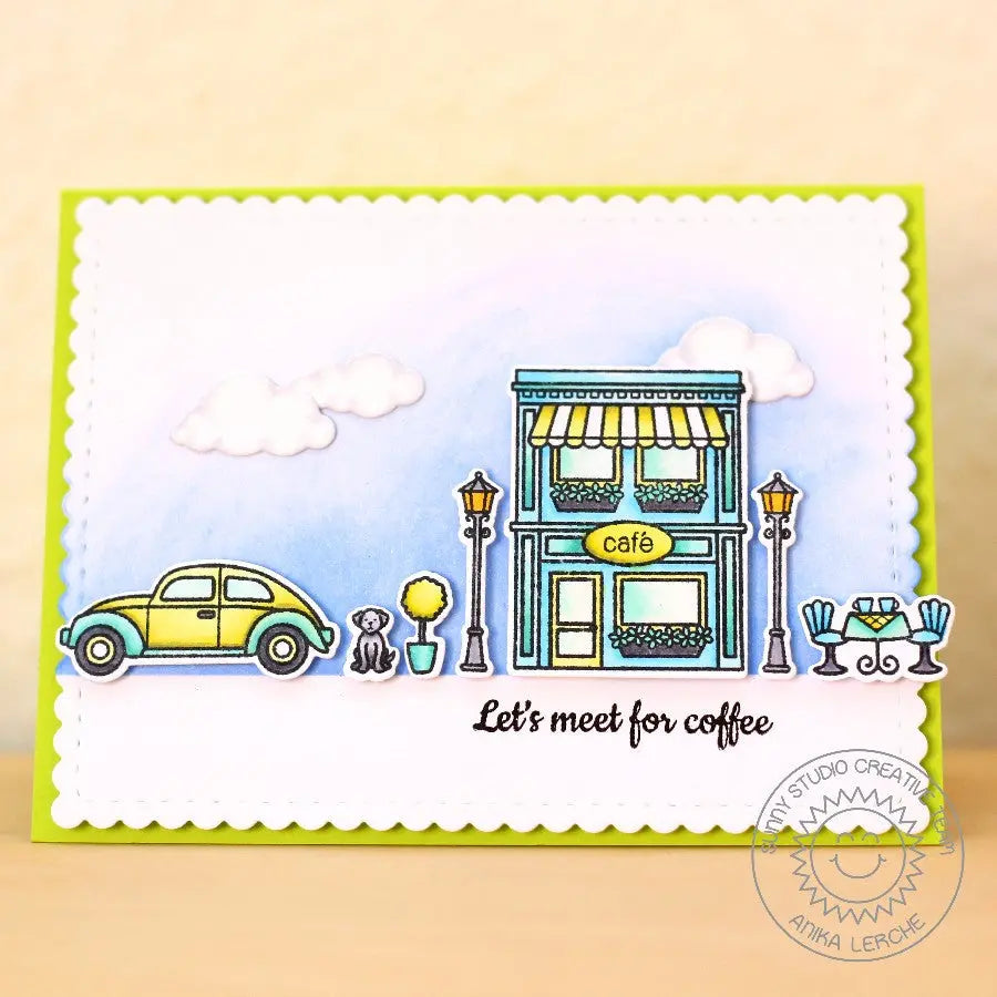 Sunny Studio Stamps City Streets Let's Meet For Coffee Downtown Cafe Card