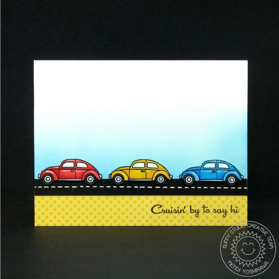 Sunny Studio Stamps City Streets Clean & Simple CAS Cruising By To Say Hi Primary Colored VW Bug Cars Card