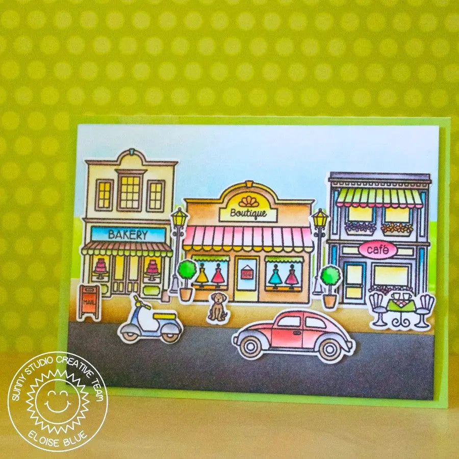 Sunny Studio Stamps City Streets Colorful Downtown Scene with Bakery, Boutique & Cafe Card