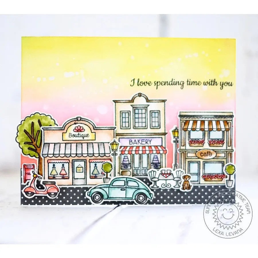 Sunny Studio Stamps City Streets Boutique, Bakery & Cafe I Love Spending Time With You Downtown Scene Card