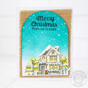 Sunny Studio Stamps City Streets Snowy House with Lamp Posts & Dog Christmas Card