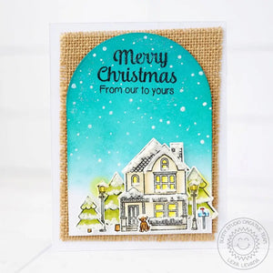 Sunny Studio Merry Christmas From Our to yours Holiday House Card (using Happy Home 4x6 Clear Stamps)