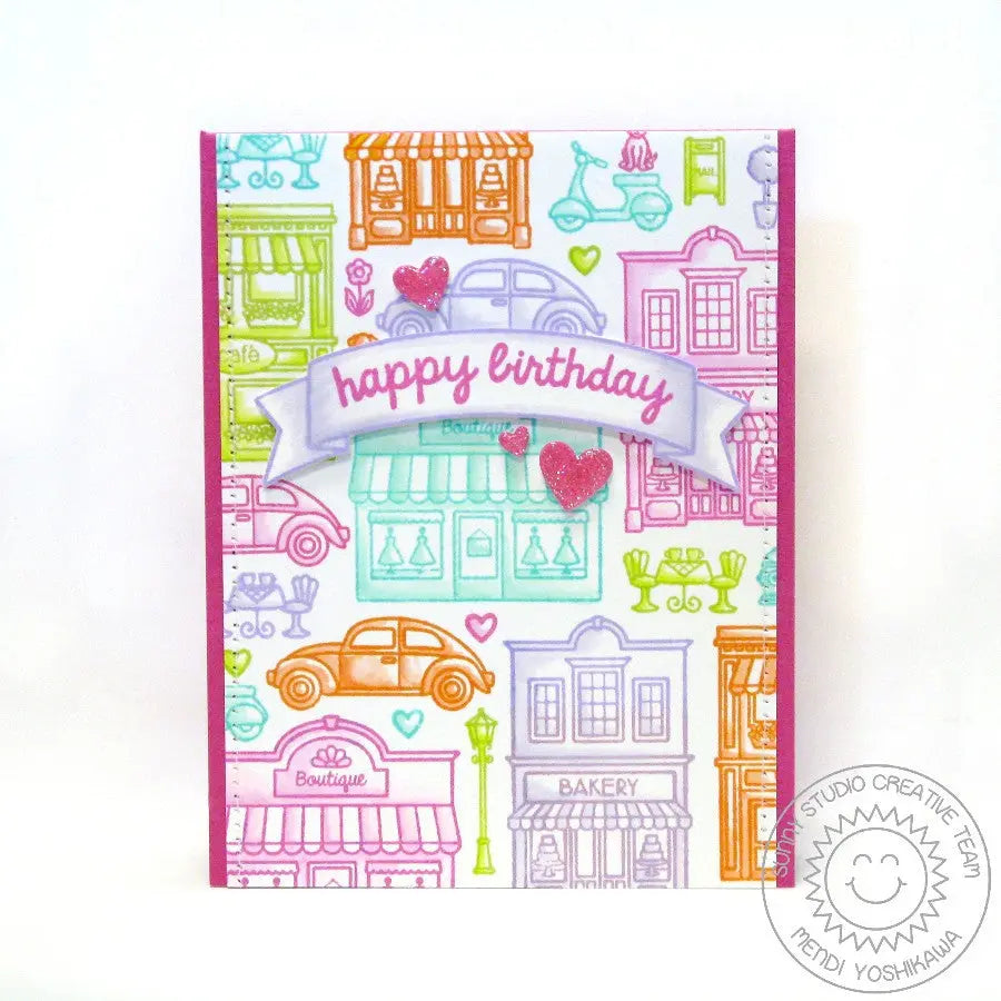 Sunny Studio Stamps City Streets Colorful Pastel Rainbow Downtown Buildings Birthday Card