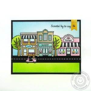 Sunny Studio Stamps City Streets Scootin' By To Say Hi Scooter Driving By Cute Shops Card