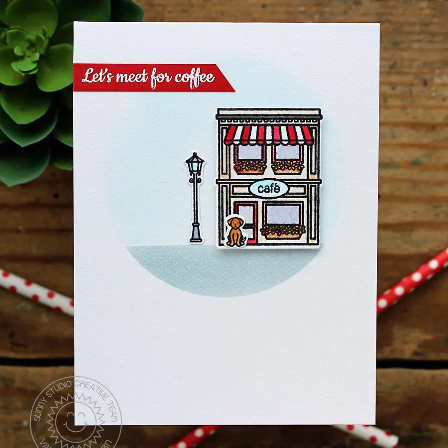 Sunny Studio Stamps City Streets Let's Meet For Coffee Cafe Clean & Simple CAS Red & White Card