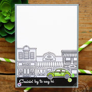Sunny Studio Cruising By To Say Hi Lime Green VW Bug Style Car in Front of Downtown Buildings Thinking of You Card (using City Streets Clear Stamps)