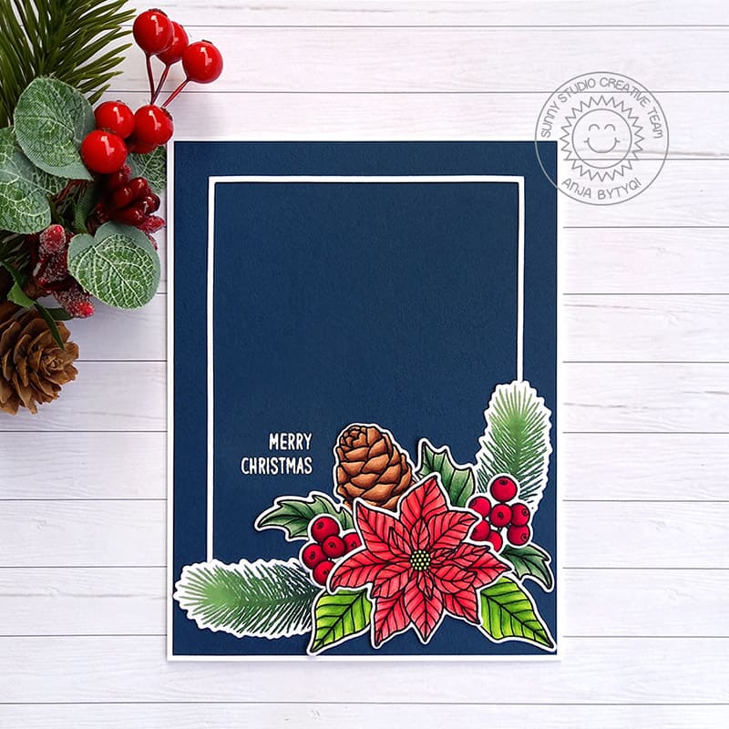 Sunny Studio Merry Christmas CAS Clean & Simple Navy Poinsettia Holiday Card (using Classy Christmas 4x6 Clear Stamps)