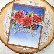 Sunny Studio Christmas Greetings Red, Blue & Brown Poinsettia Handmade Holiday Card (using Classy Christmas 4x6 Clear Stamps)
