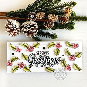 Sunny Studio Season's Greetings Holly & Berries Handmade Holiday Slimline Card using Classy Christmas 4x6 Clear Stamps