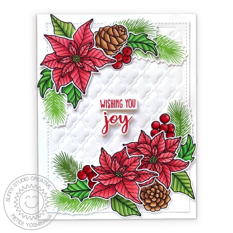 Sunny Studio Stamps Embossed Wishing You Joy Poinsettia, Holly, Berries and Pinecones Handmade Holiday Christmas Card (using Frilly Frames Quatrefoil Background backdrop metal cutting dies)