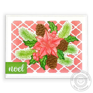 Sunny Studio Coral Poinsettia, Pinecones, Holly & Berries Handmade Holiday Card using Classy Christmas 4x6 Clear Stamps