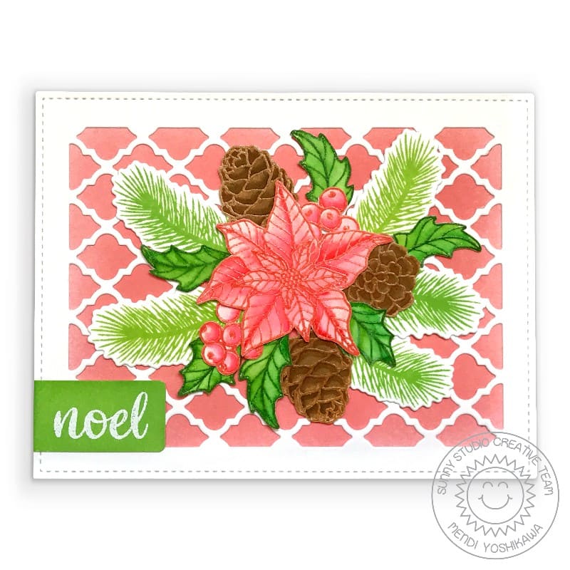 Sunny Studio Stamps Coral Poinsettia, Pinecones, Holly & Berries Handmade Holiday Christmas Card (using Frilly Frames Quatrefoil Background Backdrop Metal Cutting Dies)