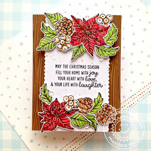 Sunny Studio Poinsettia, Holly, Berries & Pinecone Card with Woodgrain & Scalloped Edge using Classy Christmas Clear Stamps