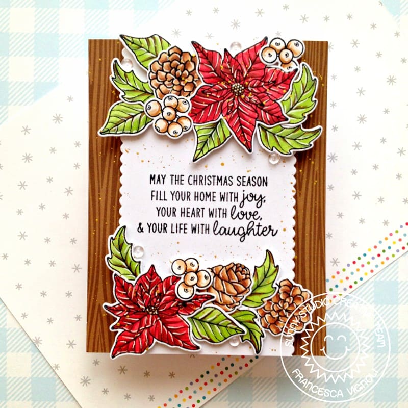 Sunny Studio May Christmas Fill You With Joy, Love & Laughter Poinsettia Card using Inside Greetings Holiday Clear Stamps