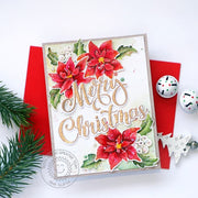 Sunny Studio Watercolor Poinsettia & Holly Merry Christmas Holiday Card by Isha Gupta using Season's Greetings Clear Stamps