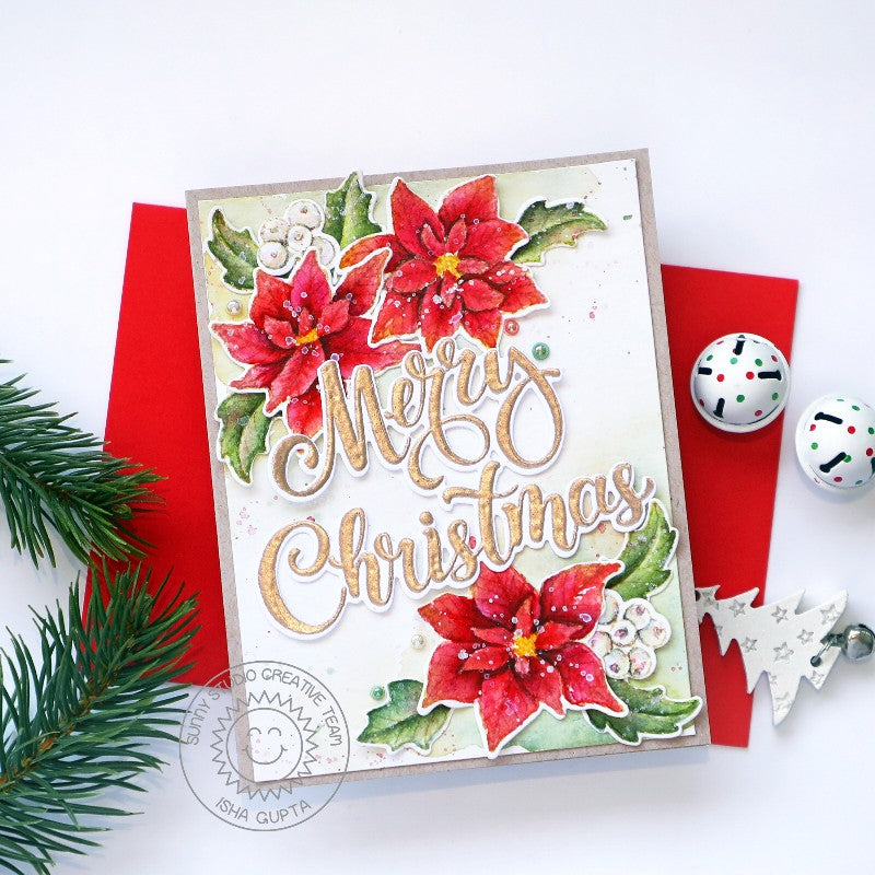 Sunny Studio Stamps Merry Christmas Oversized Greeting Poinsettia Watercolor Card using Season's Greetings Word Cutting Dies