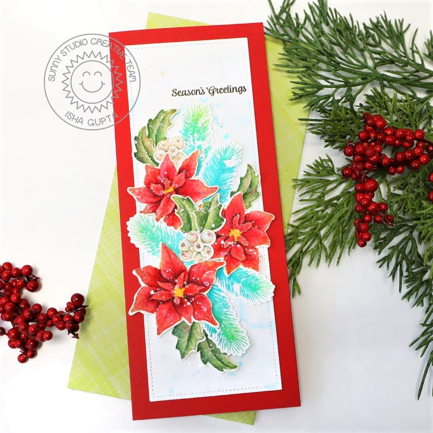 Sunny Studio Poinsettias & Holly Watercolor Slimline Holiday Card (using Classy Christmas 4x6 Clear Stamps)