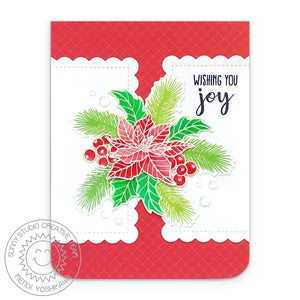 Sunny Studio Poinsettia & Holly with Berries Red & Green Scalloped Edge Holiday Card using Classy Christmas Clear Stamps