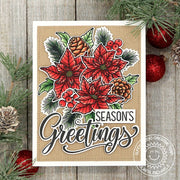 Sunny Studio Season's Greetings Poinsettias, Holly & Pinecones Natural Kraft Holiday Card using Classy Christmas Clear Stamps