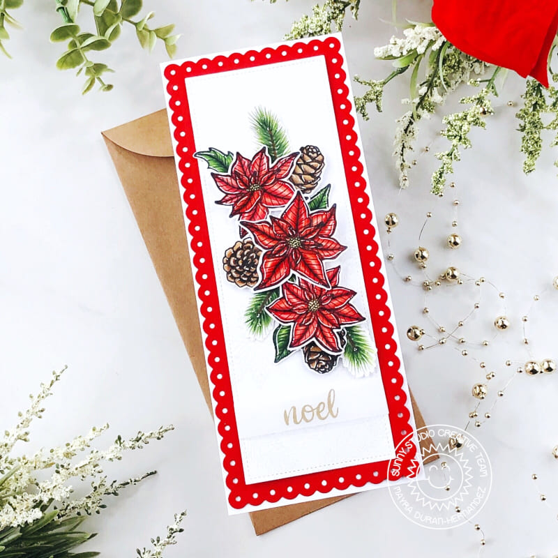 Sunny Studio Poinsettias & Pinecones Scalloped Slimline Holiday Card (using Classy Christmas 4x6 Clear Stamps)