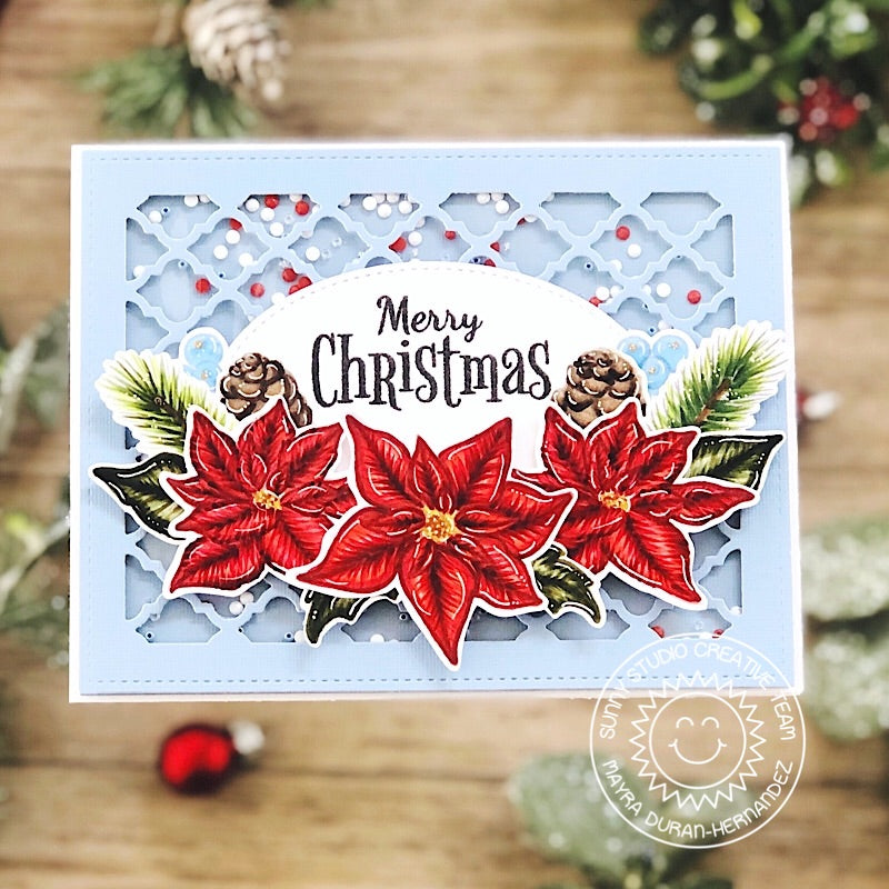 Sunny Studio Pale Blue & Red Poinsettia Christmas Holiday Shaker Card (using Stitched Oval Nesting Metal Cutting Dies)