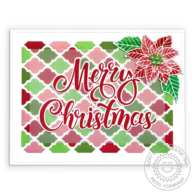 Sunny Studio Stamps Merry Christmas Red, Green & Pink Embossed Poinsettia Holiday Card using Season's Greetings Word Dies