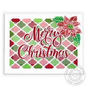 Sunny Studio Stamps Merry Christmas Red & Green Poinsettia Handmade Holiday Christmas Card (using Frilly Frames Quatrefoil Background Backdrop Metal Cutting Dies)