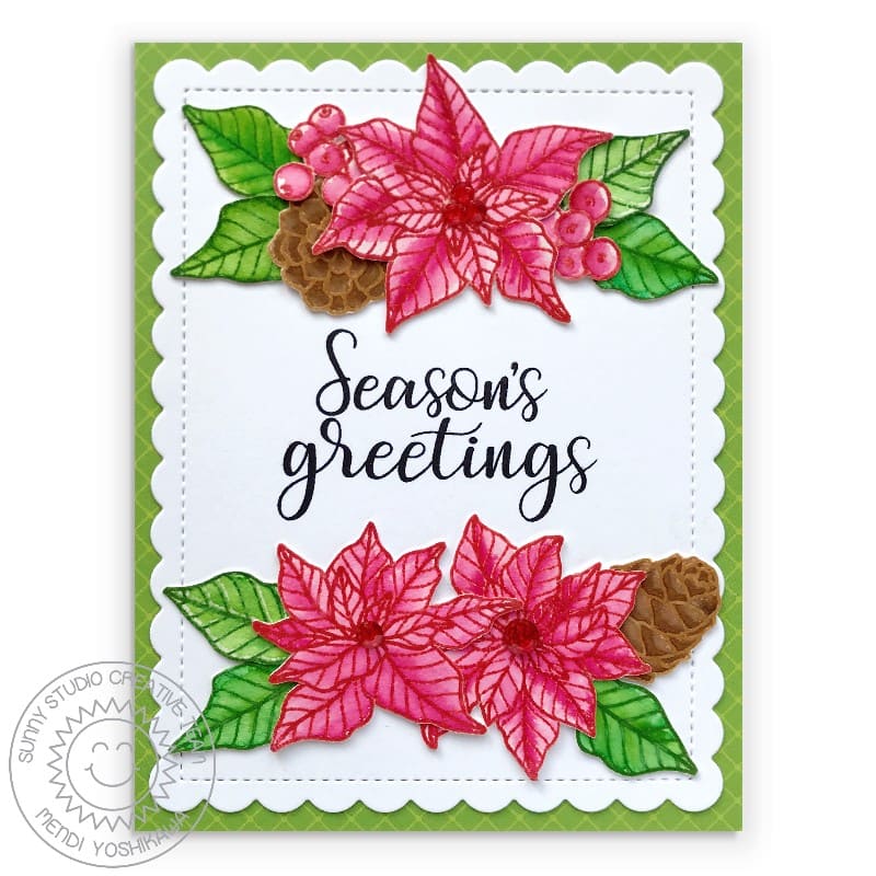 Sunny Studio Season's Greetings Watercolor Poinsettia, Pinecones & Berries Holiday Card using Classy Christmas Clear Stamps