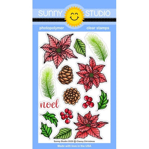Sunny Studio Stamps Classy Christmas 4x6 Clear Photopolymer Stamps featuring Holiday Poinsettia, Pine Cones, Holly & Berries