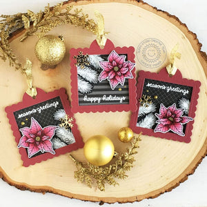 Sunny Studio Burgundy, Black & White Poinsettia Handmade Christmas Holiday Gift Tags using Classy Christmas 4x6 Clear Stamps