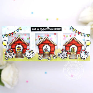 Sunny Studio Have An Eggcellent Birthday Punny Chicken & Hen House Slimline Card (using Clucky Chickens 4x6 Clear Stamps)