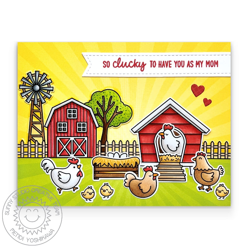 Sunny Studio So Clucky To Have You As My Mom Punny Farm Themed Mother's Day Card (using Clucky Chickens Clear Stamps)