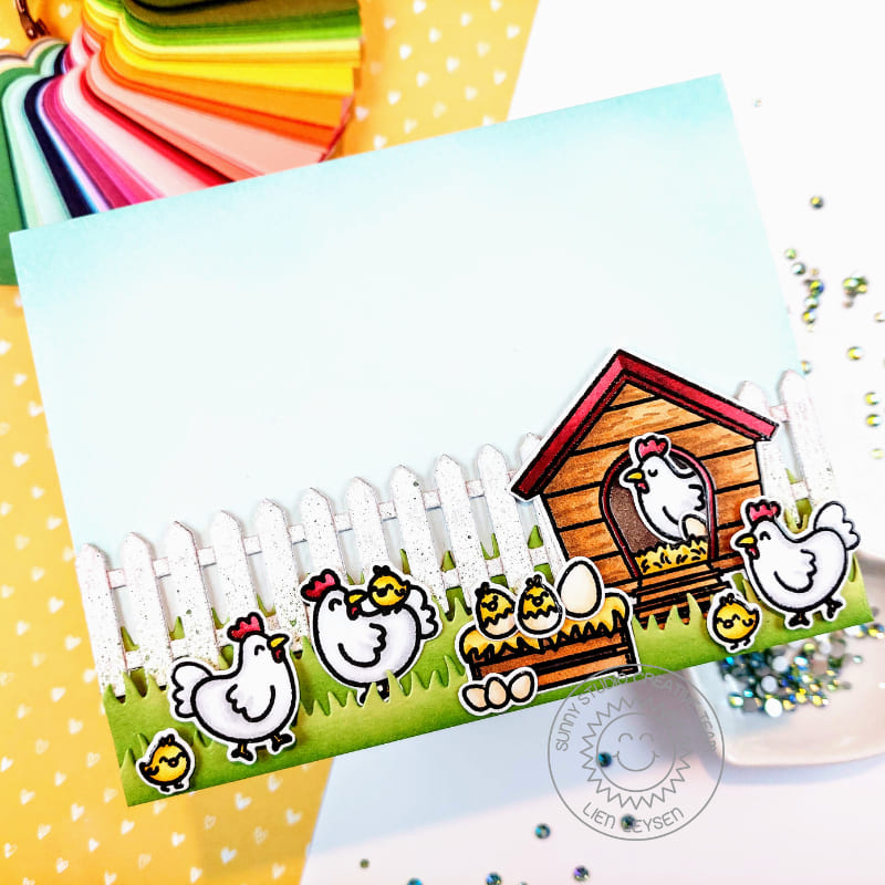 Sunny Studio Chickens, Chicks & Eggs with Hen House & Picket Fence Card (using Clucky Chickens 4x6 Clear Stamps)