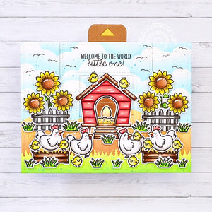Sunny Studio & Lawn Fawn Sunflowers & Farm Hen House Magic Picture Changer Card (using Clucky Chickens Clear Stamps)