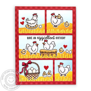 Sunny Studio Have An Eggcellent Birthday Punny Chicken, Chicks, Eggs & Basket Card (using Clucky Chickens Clear Stamps)