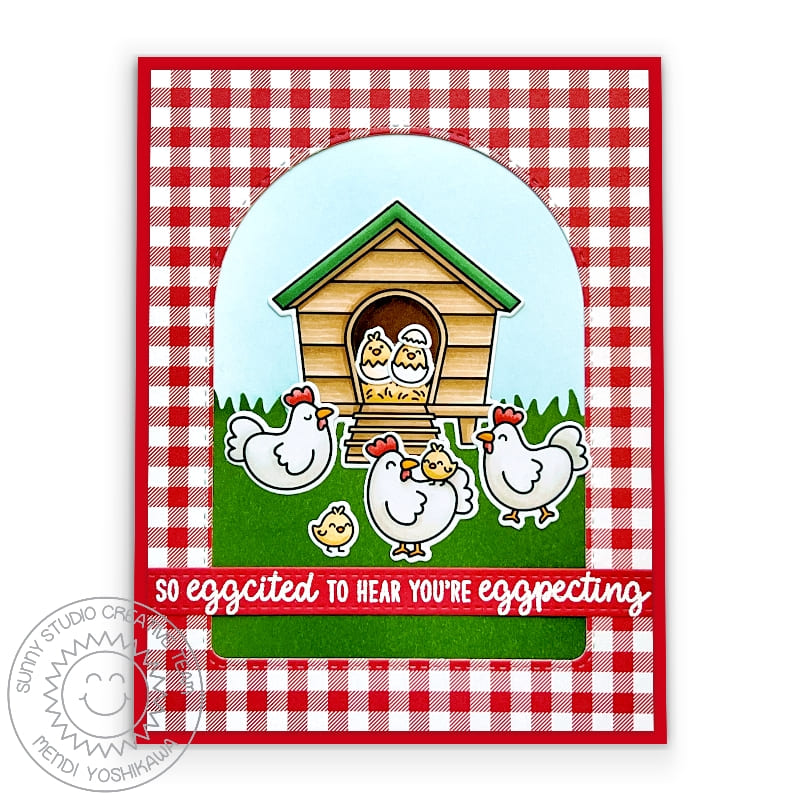 Sunny Studio Red Gingham So Eggcited To Hear You're Eggpecting Punny Farm Themed Card (using Clucky Chickens Clear Stamps)