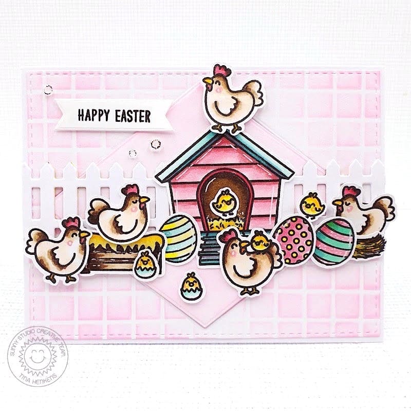 Sunny Studio Chicks, Colored Eggs & Hen House Spring Easter Card (using Clucky Chickens 4x6 Clear Stamps)