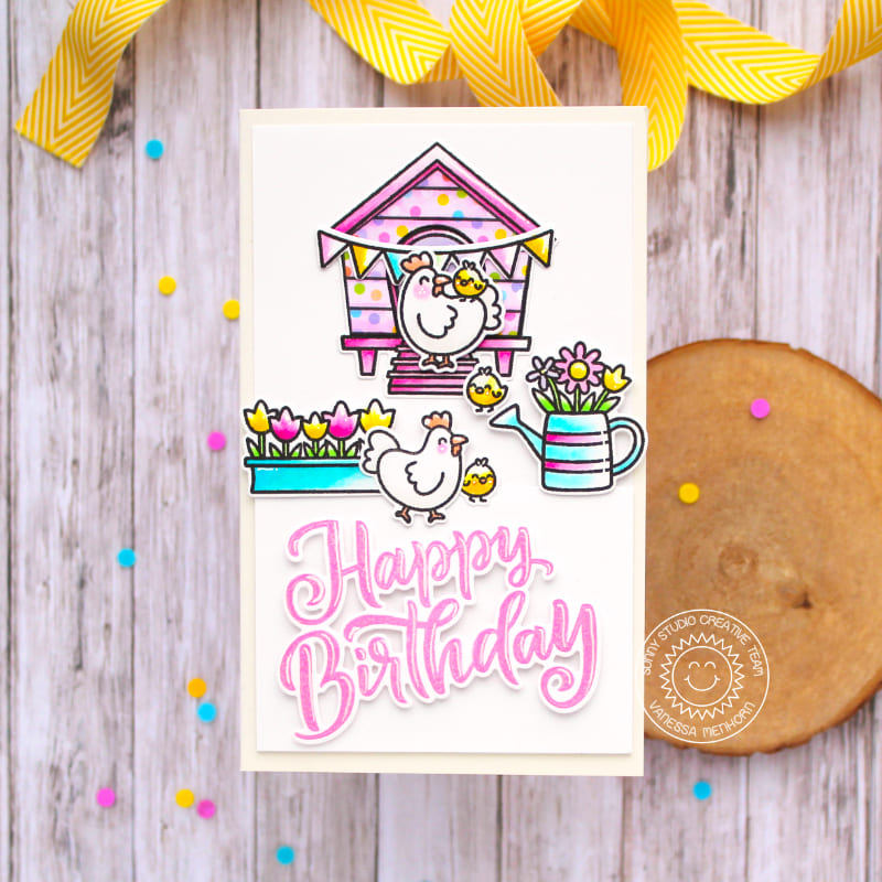 Sunny Studio Spring Tulips, Chicks & Hen House Mini Slimline Birthday Card (using Big Bold Greetings Clear Sentiment Stamps)