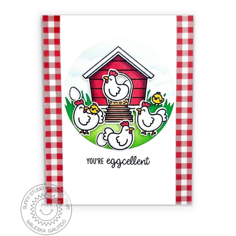 Sunny Studio Red Gingham You're Eggcellent Punny Farm Themed Card (using Clucky Chickens 4x6 Clear Stamps)