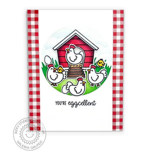 Sunny Studio Red Gingham You're Eggcellent Punny Farm Themed Card (using Clucky Chickens 4x6 Clear Stamps)