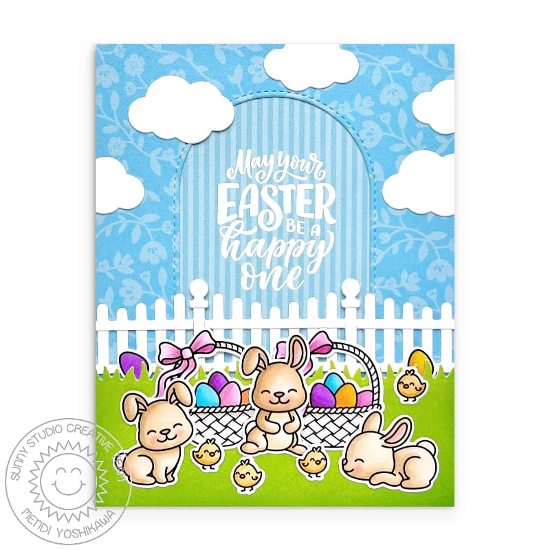 Sunny Studio Stamps Bunnies, Eggs in Basket & Chicks Spring Easter Card (using Scalloped Fence Metal Cutting Dies)